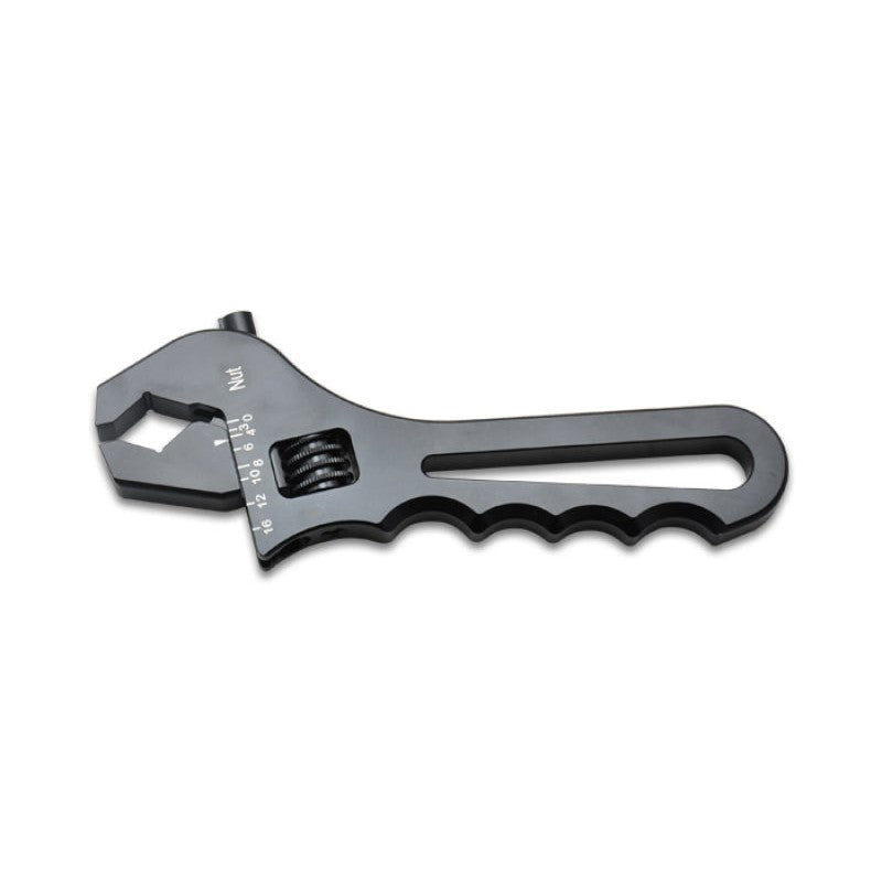 Black anodized aluminum adjustable AN wrench with V-jaws for -4AN to -16AN fittings.