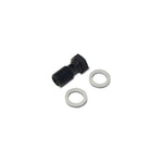 Black anodized M8x1.25 x 20mm aluminum banjo bolt shown with two matching crush washers.