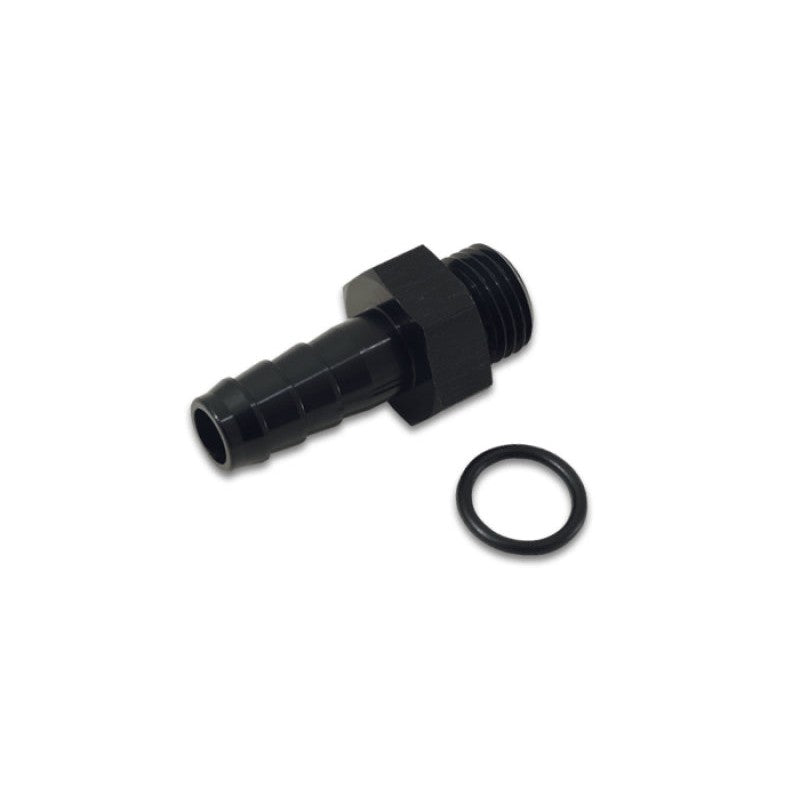 Black anodized 6061 aluminum adapter fitting with -6AN ORB male threads and a 1/8 inch hose barb