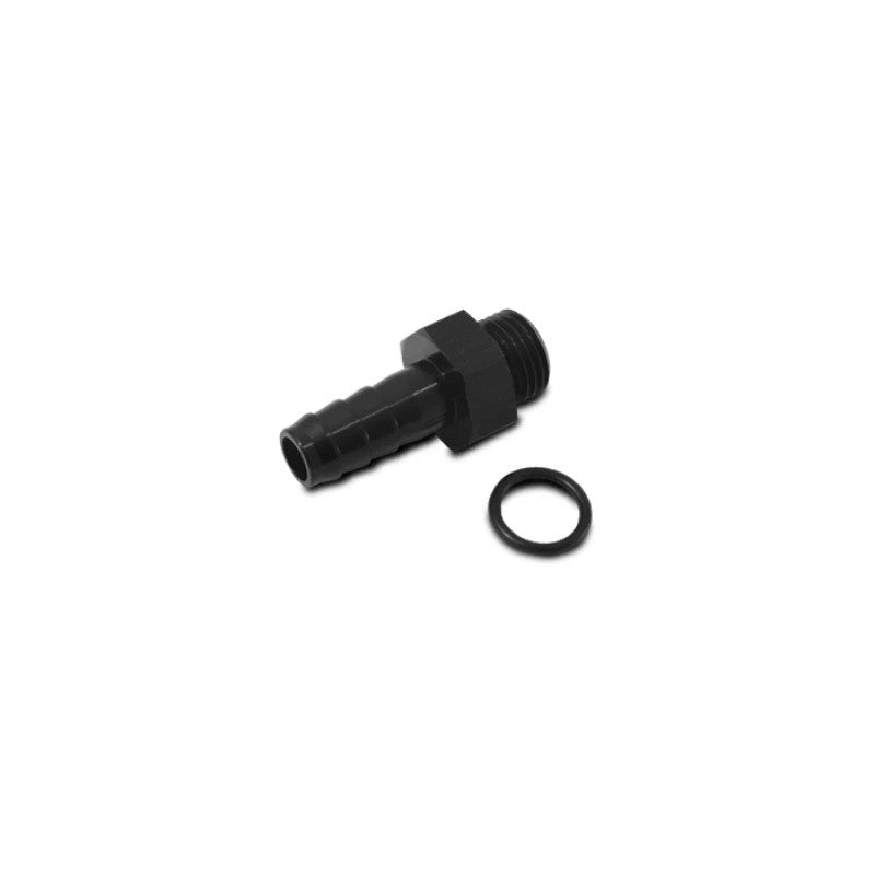 Black anodized 6061 aluminum -8AN ORB to 1/2 inch hose barb adapter fitting with black O-ring seal.