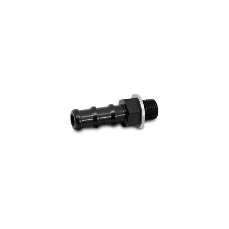 Black anodized 6061 aluminum male M18 x 1.5 to 3/8 inch hose barb adapter with included crush washer.
