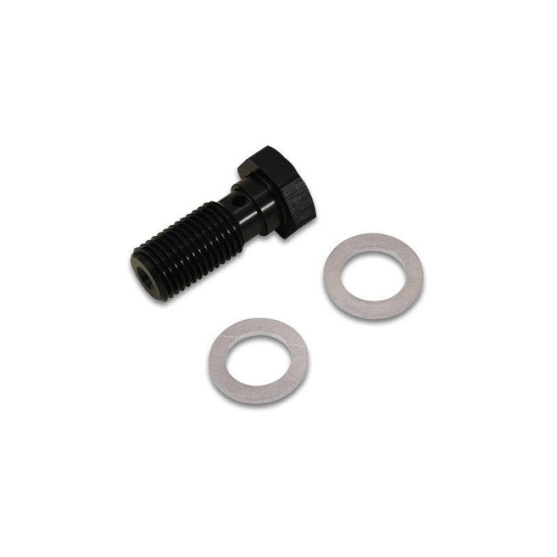 Vibrant Performance black anodized 6061 aluminum banjo bolt with two crush washers