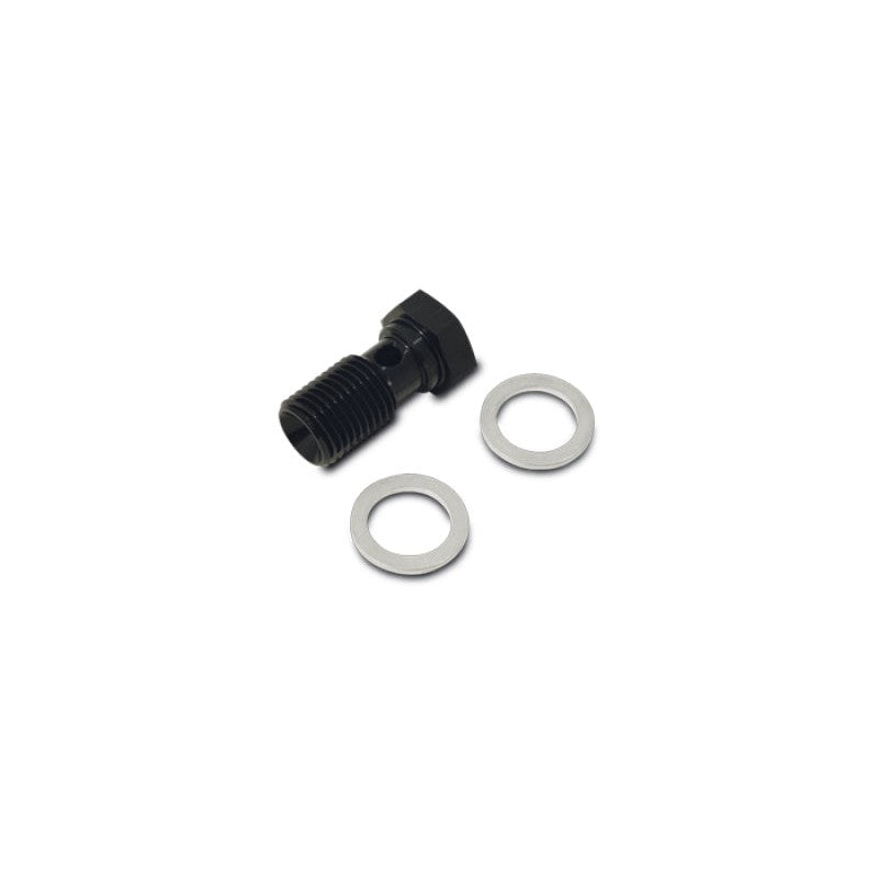 Black anodized 6061 aluminum M10 x 1.5 banjo bolt with two copper crush washers