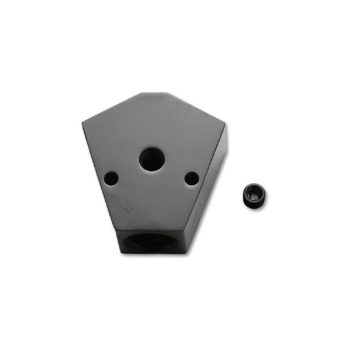 Black anodized billet aluminum Y-block fitting with three 1/2 inch NPT ports and one 1/8 inch NPT auxiliary port