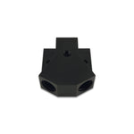 Black anodized billet aluminum Y-block adapter with -10AN to dual -8AN ORB connections and 1/8in NPT port.