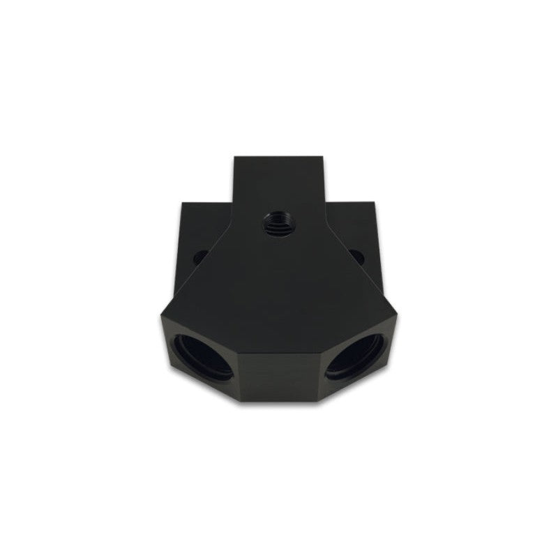 Black anodized billet aluminum Y-block adapter with -10AN to dual -8AN ORB connections and 1/8in NPT port.