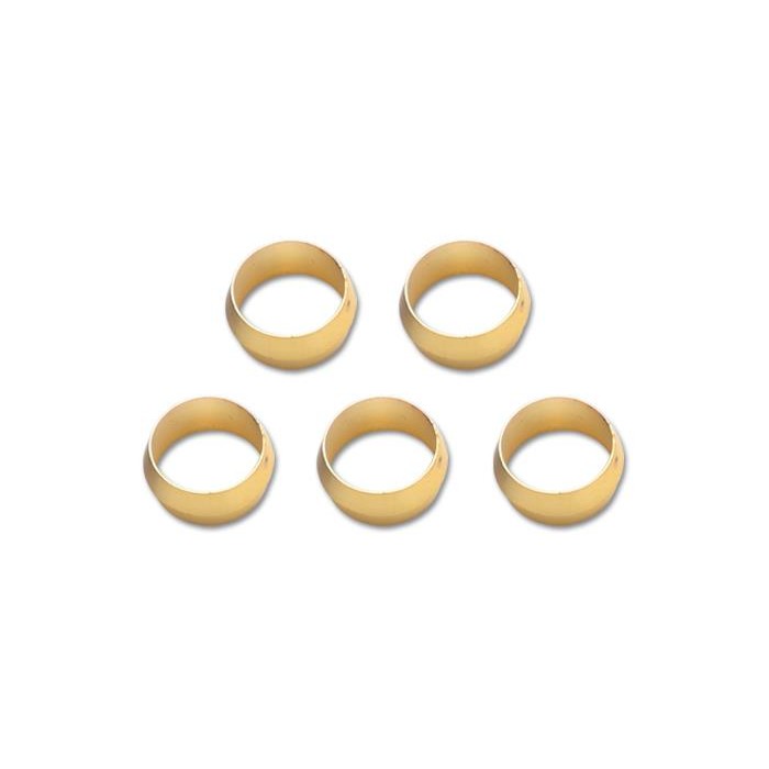 Five gold-tone brass olive inserts for 5/16 inch aluminum hardline tubing compression fittings.