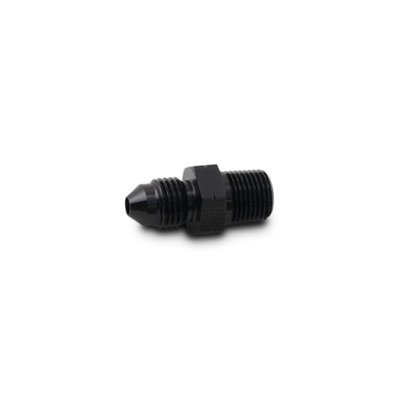 Black anodized aluminum adapter fitting featuring -6 AN male and 3/8-19 BSPT male threads.