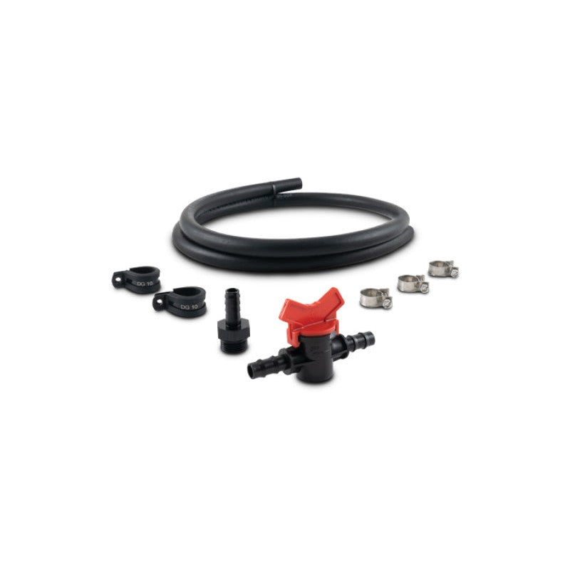 Vibrant Performance catch can drain kit including 4 feet of hose, ball valve, -8 ORB adapter, and mounting clamps.