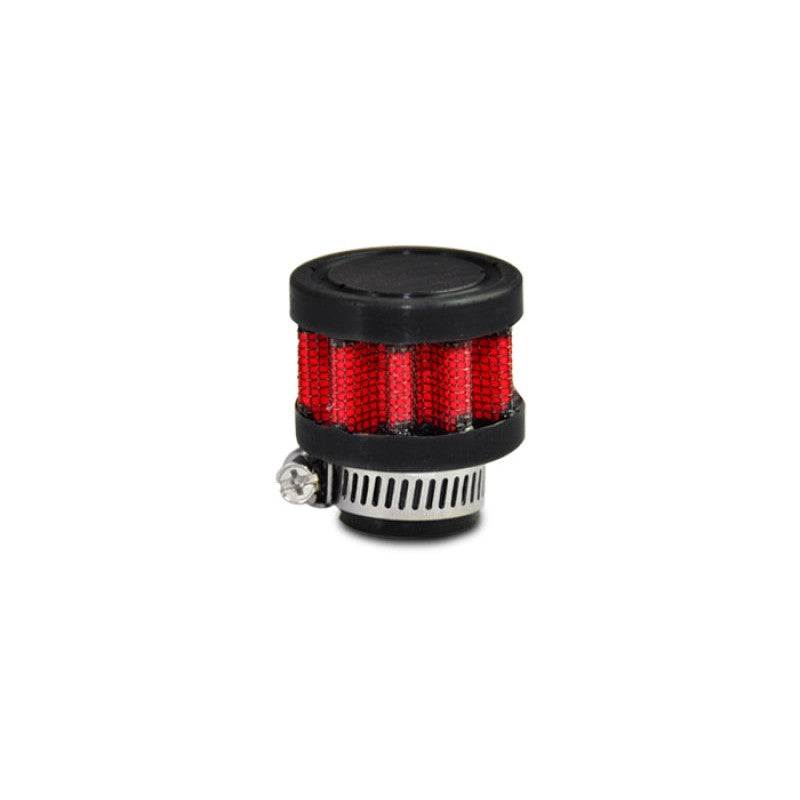 Vibrant crankcase breather filter with red 4-ply pleated cotton gauze media and a 5/8 inch rubber inlet.