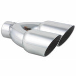 Polished T304 stainless steel dual exhaust tip with 3.5-inch round outlets and single wall angle cut design.