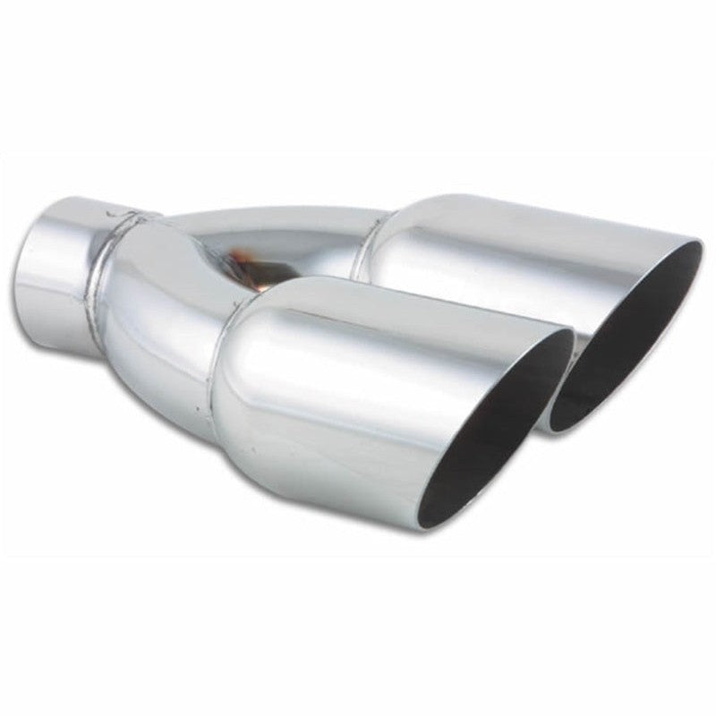 Polished T304 stainless steel dual exhaust tip with 3.5-inch round outlets and single wall angle cut design.
