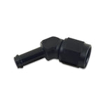 Black anodized 45-degree 6061 aluminum adapter fitting with -6AN female flare and a 5/16 inch hose barb.