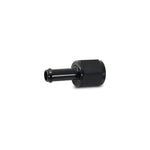 Black anodized straight adapter fitting with -10 AN female flare and 1/2 inch hose barb ends.