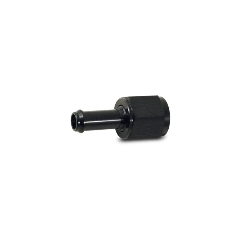Black anodized straight adapter fitting with -10 AN female flare and 1/2 inch hose barb ends.