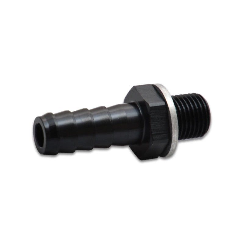 Black anodized 6061 aluminum M10 x 1.0 male to 1/8 inch hose barb adapter with silver crush washer.