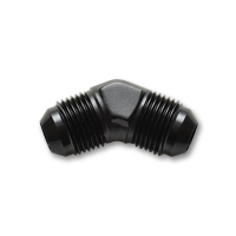 Vibrant Performance 45-degree male -8 AN flare union adapter fitting in black anodized aluminum.
