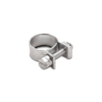 Set of 10 silver zinc-plated mini fuel injector style hose clamps with a 7mm to 9mm clamping range.