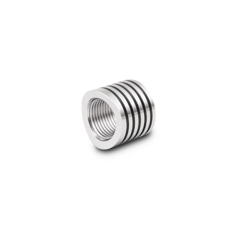 T304 stainless steel finned heat sink oxygen sensor weld bung with M18 x 1.5 threading for Bosch LSU 4.9 sensors.