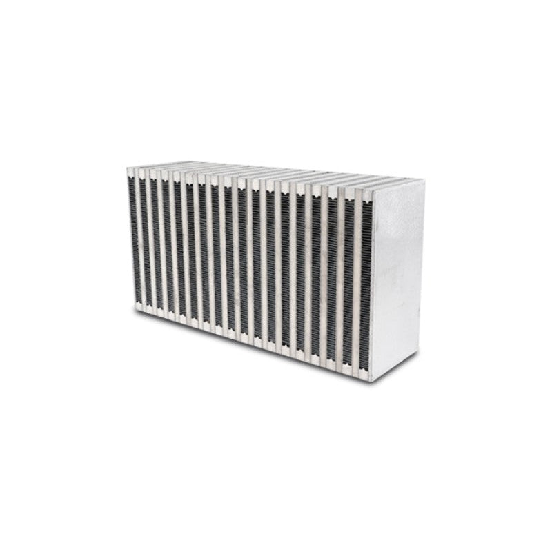 Vibrant Performance vertical flow bar and plate intercooler core 6x11.8x3 inch showing internal fin structure.