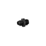 Black anodized 6061 aluminum adapter fitting featuring -6AN male flare and 7/16"-24 inverted flare threads.