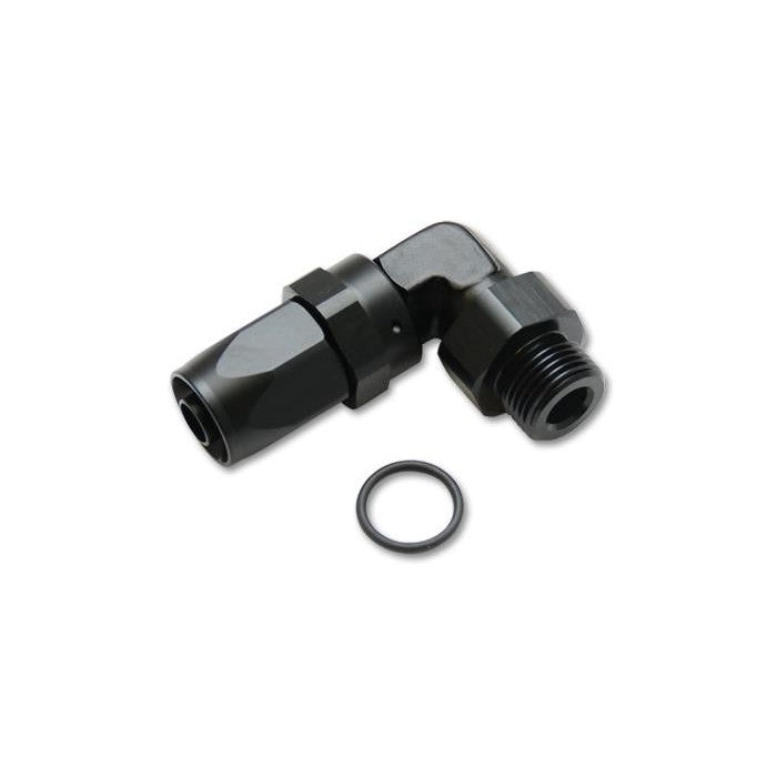 Black anodized 6061 aluminum 90-degree tight radius forged swivel hose end fitting.