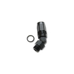 Black anodized 6061 aluminum 45 degree tight radius forged hose end fitting, male -16AN to -16AN ORB with O-ring seal.