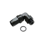 Black anodized forged 6061 aluminum Vibrant Performance male -6AN 90 degree tight radius swivel hose end fitting.