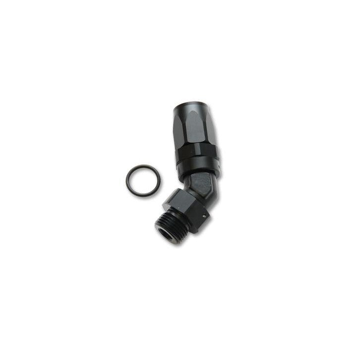 Vibrant Performance black anodized 6061 aluminum 45-degree -8AN swivel hose end fitting with male 3/4-16 threads.