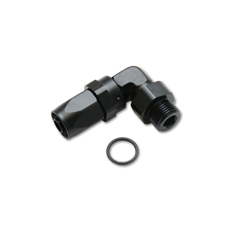 Black anodized 6061 aluminum 90-degree -8AN swivel male hose end fitting with 7/8-14 thread.