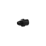 Black anodized 6061 aluminum fitting, -8 AN male flare to M16 x 1.5 female metric adapter.