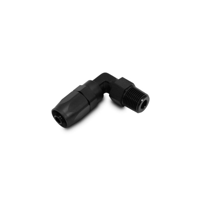 Vibrant Performance black anodized tight radius 90 degree forged hose end fitting, -12AN to 1/2 inch NPT male.