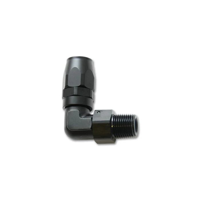 Vibrant Performance 26904 black anodized 6061 aluminum 90 degree forged hose end fitting, -8AN to 3/8" male NPT.