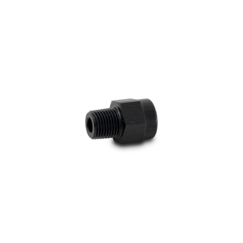 Black anodized aluminum adapter fitting converting 1/8 inch male NPT to 1/8 inch female BSP