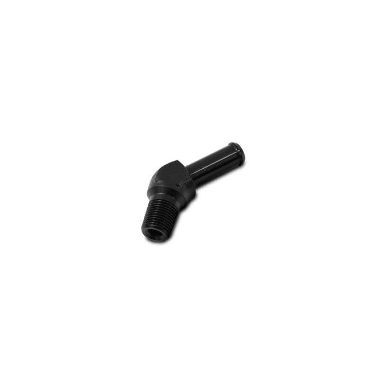 Black anodized 6061 aluminum 45-degree male 3/8 inch NPT to 5/16 inch hose barb adapter fitting.
