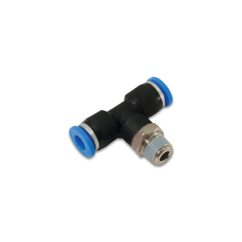 Vibrant Performance 22632 pneumatic male tee push-lock fitting with 1/4 inch OD ports and 1/8 inch NPT threads.