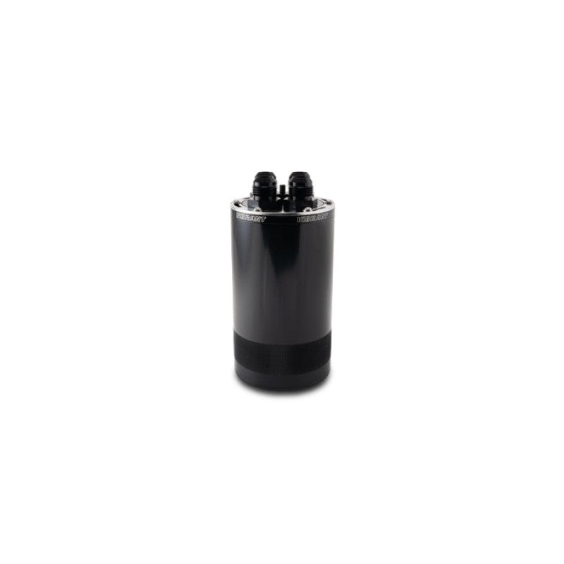 Vibrant Performance Gen3 black 1.5L 4-port oil catch can with -12 ORB to -12 AN adapters and drain plug.