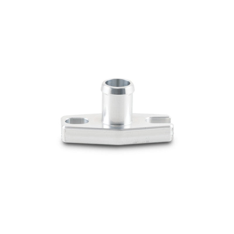 Silver 6061 aluminum oil drain flange with 5/8 inch male neck and M8 mounting hardware for GT15-GT35 turbochargers.