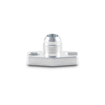 Machined 6061 aluminum oil drain flange with integrated -10AN male fitting and two M8 mounting bolts.