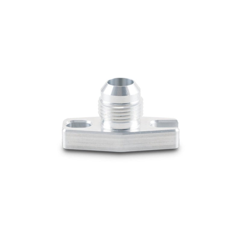 Machined 6061 aluminum oil drain flange with integrated -10AN male fitting and two M8 mounting bolts.