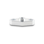 Silver 6061 aluminum oil inlet flange with 1/8 inch NPT port and two M8 x 1.25 button-head mounting bolts.