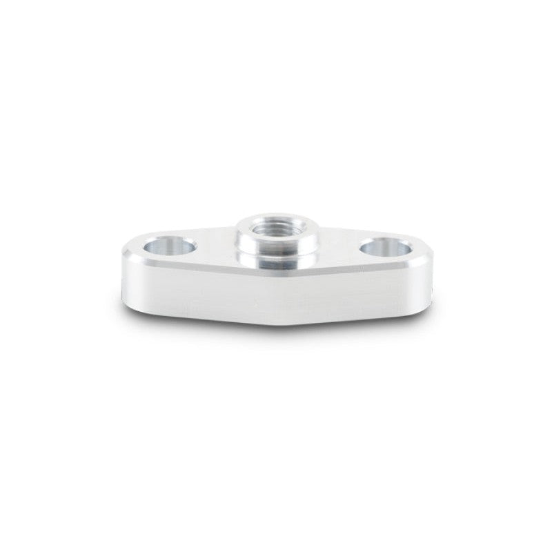 Silver 6061 aluminum oil inlet flange with 1/8 inch NPT port and two M8 x 1.25 button-head mounting bolts.