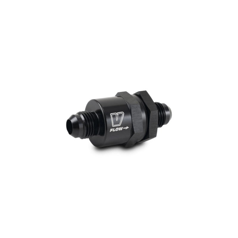 Vibrant Performance black anodized 6061 aluminum piston-style check valve with -8AN male flare fittings.