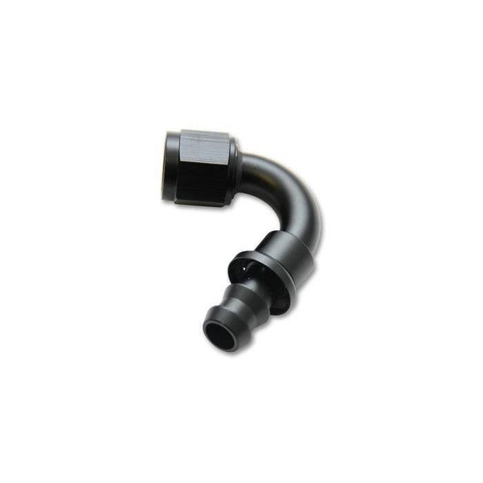 Vibrant Performance -10AN 120-degree push-on hose end elbow fitting made of 6061 aluminum alloy.