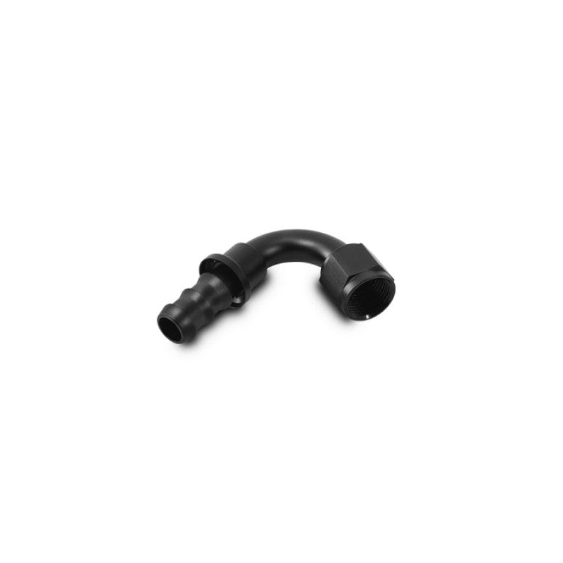 Vibrant Performance 120-degree -4AN push-on hose end fitting in 6061 aluminum alloy.