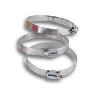 Set of ten 300-series stainless steel worm gear hose clamps showing the adjustable screw drive and perforated band.