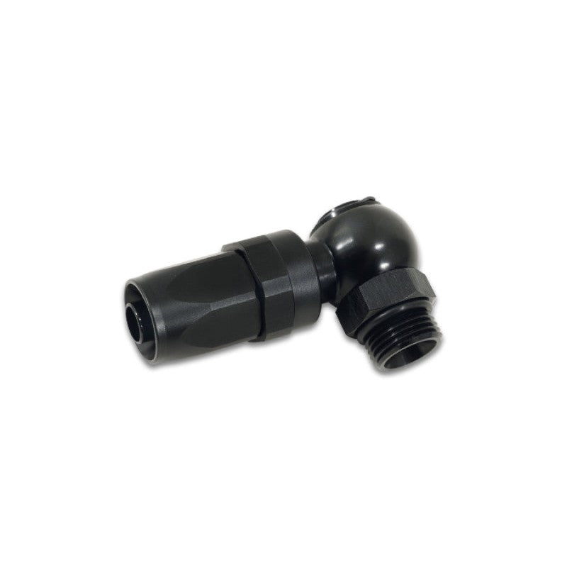Black anodized 6061 aluminum -6AN male banjo to -6 ORB swivel hose end fitting.