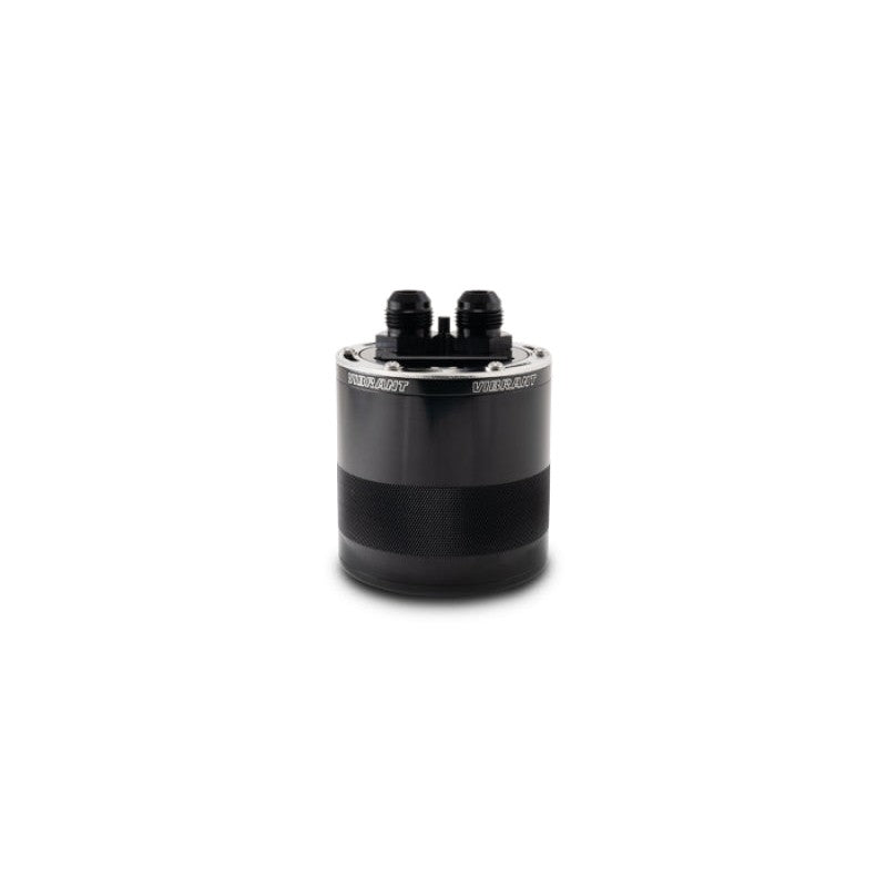 Vibrant Performance Gen3 black 2-port 0.75L oil catch can with -12 AN adapters and integrated lid vent.