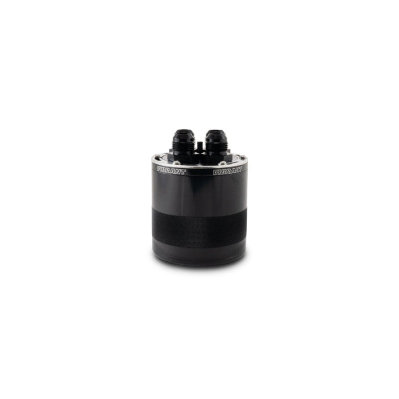 Vibrant Performance Gen3 small 0.75L 4-port oil catch can assembly with black finish and -12 AN adapters.