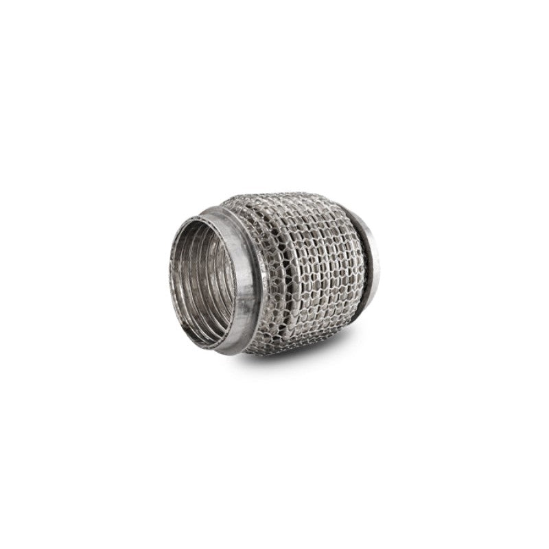 Stainless steel exhaust flex coupling with internal interlock liner and outer wire mesh, 2.50 inch ID by 4 inch length.